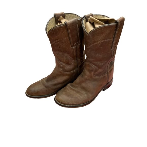 Justin Youth Roper Western Boots Brown Leather Unisex Broke In Size 9 1/2 D - Picture 1 of 6